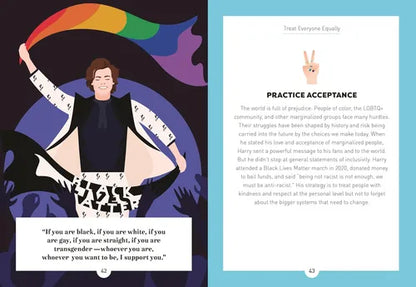 Illustration of a person holding a rainbow flag with text about treating everyone equally on a blue background.