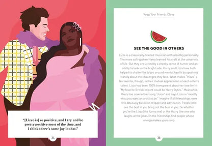 Illustration of two people embracing with text on a colorful background