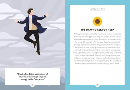 Book page with illustration of a person in a suit and text about seeking help.