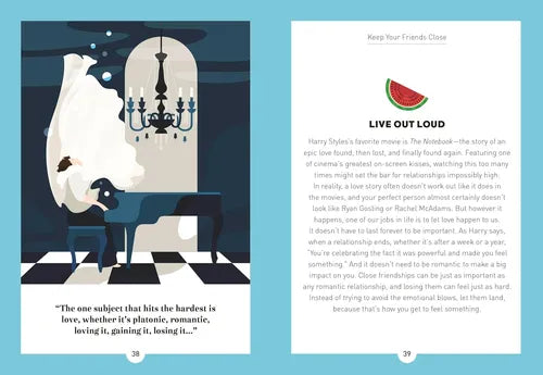 Book interior with illustration of a woman at a table and text on a blue background