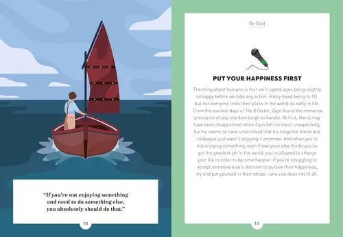 Illustration of a person on a sailboat with text on a green background