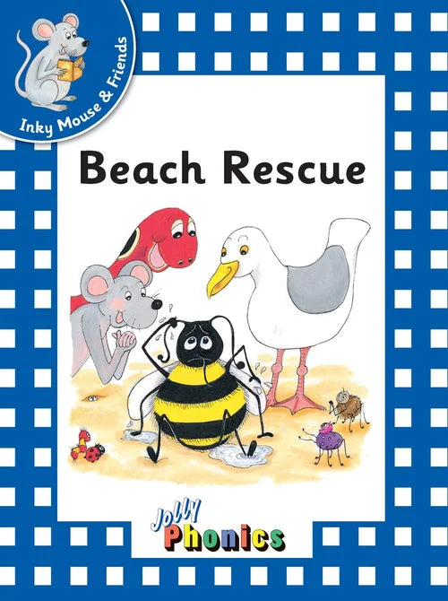 Book cover of 'Beach Rescue' featuring cartoon characters on a blue checkered background.