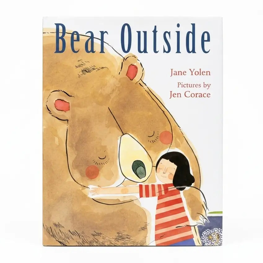 Book cover of 'Bear Outside' with a bear and child illustration on a white background
