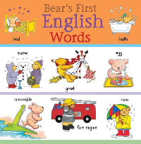 Children's book cover with illustrations of a bear learning English words.