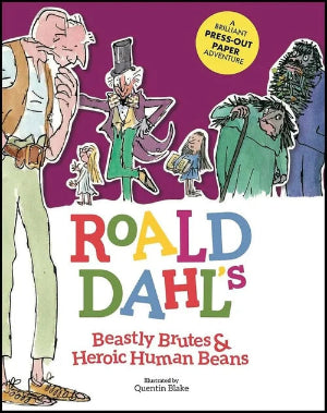 Book cover of 'Beastly Brutes & Heroic Human Beans' by Roald Dahl with colorful illustrations and a purple background.