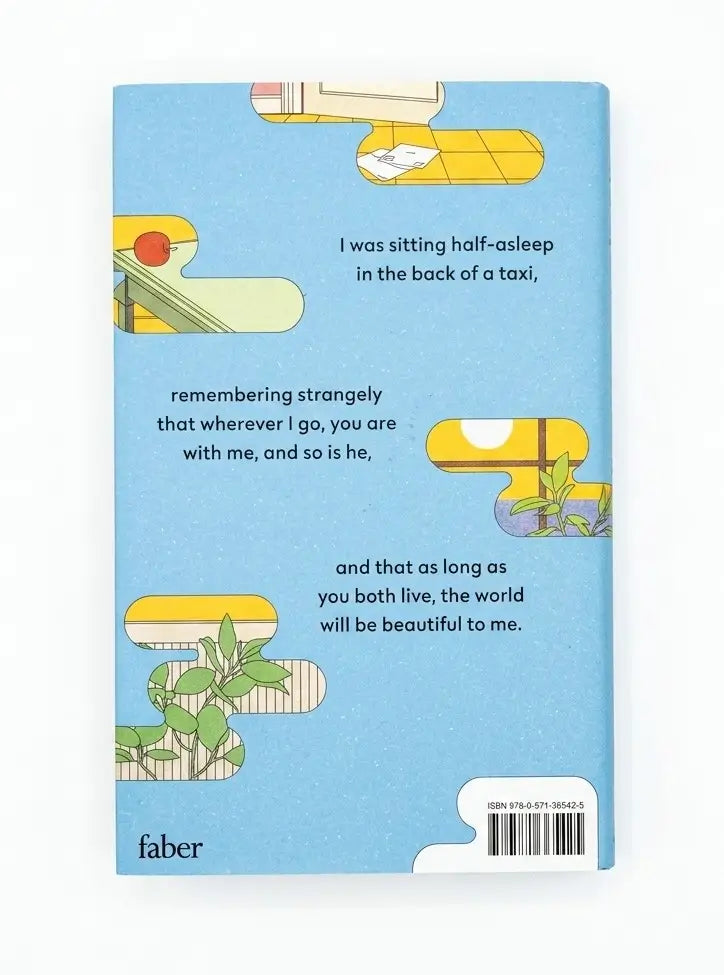 The back cover of a Faber & Faber book, featuring a light blue background with whimsical illustrations of yellow and green objects and three lines of poetry printed in black text.