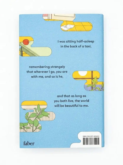 The back cover of a Faber & Faber book, featuring a light blue background with whimsical illustrations of yellow and green objects and three lines of poetry printed in black text.