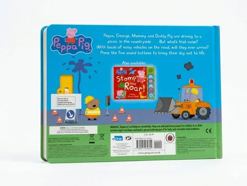 Back cover of a children's book featuring Peppa Pig with illustrations and text.