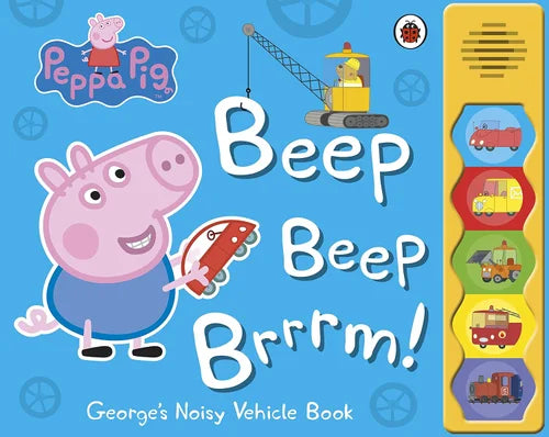 Book cover of 'Peppa Pig: Beep Beep Brrrm!' with Peppa Pig and vehicle illustrations on a blue background.