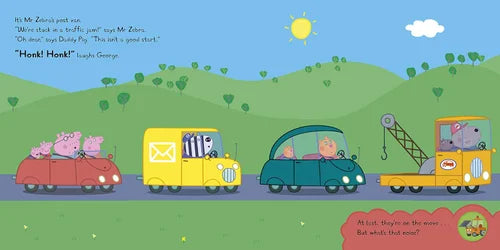 Illustration of cartoon vehicles and animals on a road with green hills and blue sky.