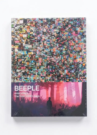 A boxed music product titled BEEPLE, shown upright against a plain light background. The front cover features a dense collage of many small colorful images across the upper half and a pink-toned forest scene with a silhouetted figure across the lower half.