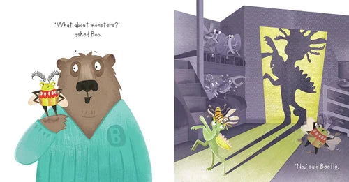 Illustration of a bear in a bathrobe holding a teddy bear with a shadow of a monster on the wall.