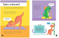 Children's book pages with cartoon dinosaurs and text on a yellow and purple background