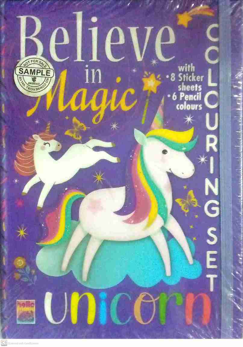 Unicorn-themed coloring set with 'Believe in Magic' text on a purple background