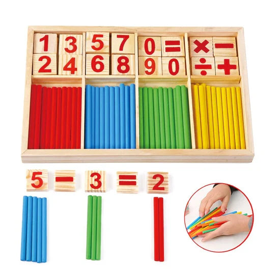 Wooden educational toy set with numbers, arithmetic symbols, and colored sticks.