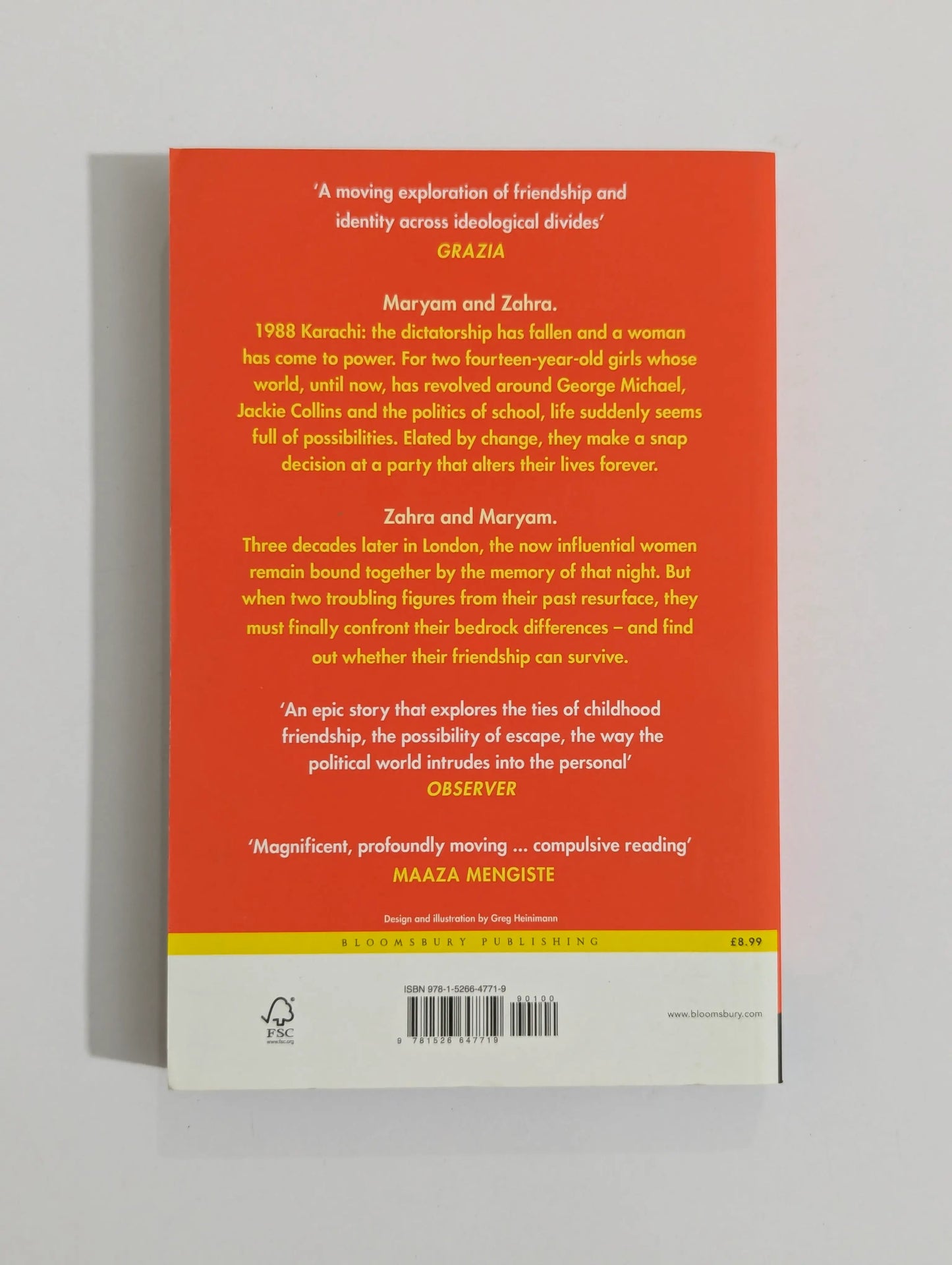 The back cover of a book, shown flat against a light gray background. The cover features a bright orange-red background with black text, a yellow band at the bottom, and a white barcode area.