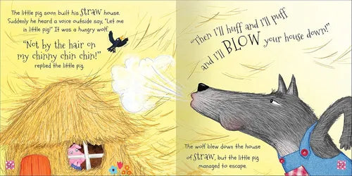 Illustrated book page with a straw house, a pig, and a wolf from 'The Three Little Pigs'.