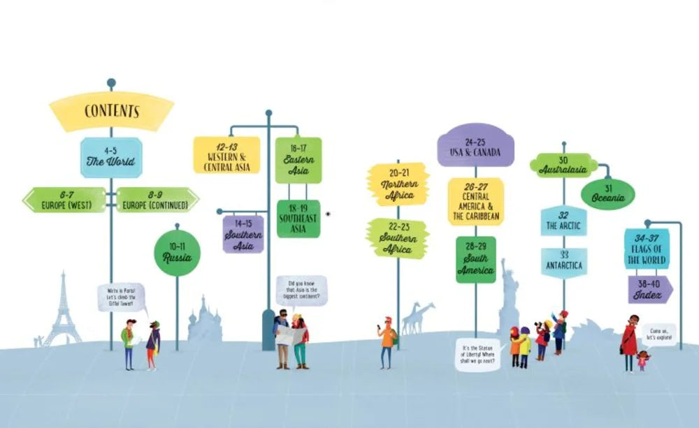 Illustration of people standing near colorful signs with text on a white background