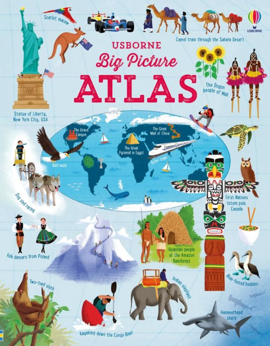 Cover of 'Usborne Big Picture Atlas' with world map and various illustrations.