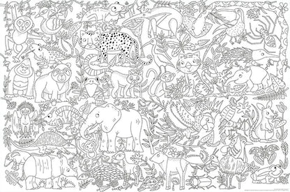 Coloring book page with various animals in black and white.