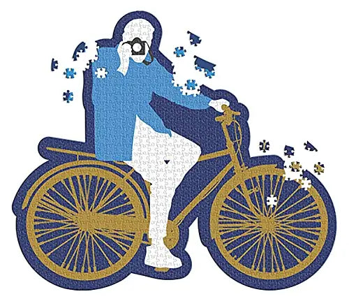 Jigsaw puzzle with a blue and gold bicycle design on a white background