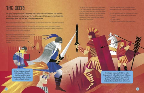 Illustration of historical battle scene with text about the Celts on a warm-toned background