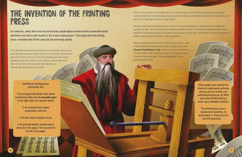 Illustration of a man using a printing press with text about its invention.