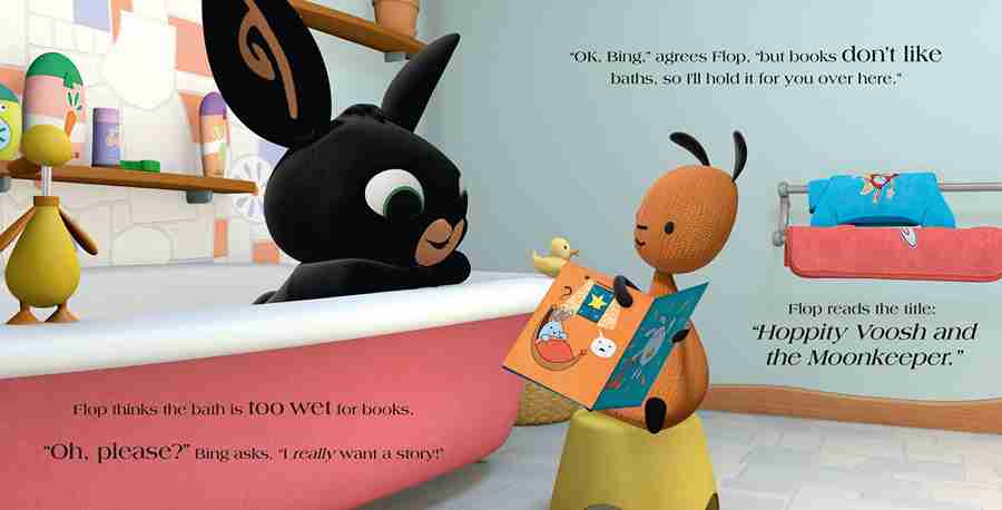 Animated characters in a bathroom setting with a book and bathtub.