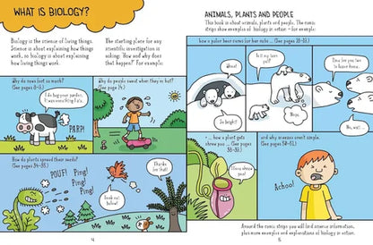 Comic-style educational page about biology with animals, plants, and people.