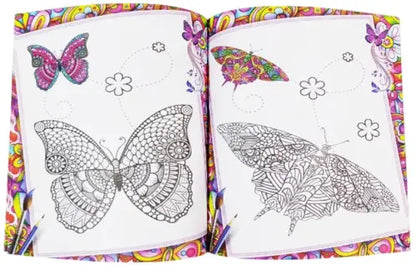 Coloring book open to pages with detailed butterfly illustrations on a colorful cover.