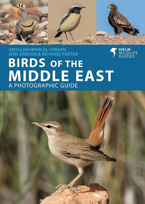 Book cover of 'Birds of the Middle East' with images of birds and Helms Wildlife Guides logo.