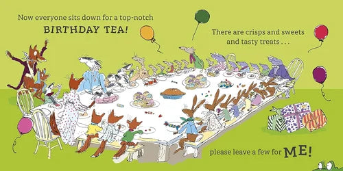 Illustration of animals enjoying a birthday tea party with a green background