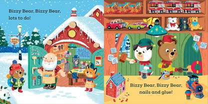 Illustrated book pages featuring Bizzy Bear in a snowy village setting with toys and activities.