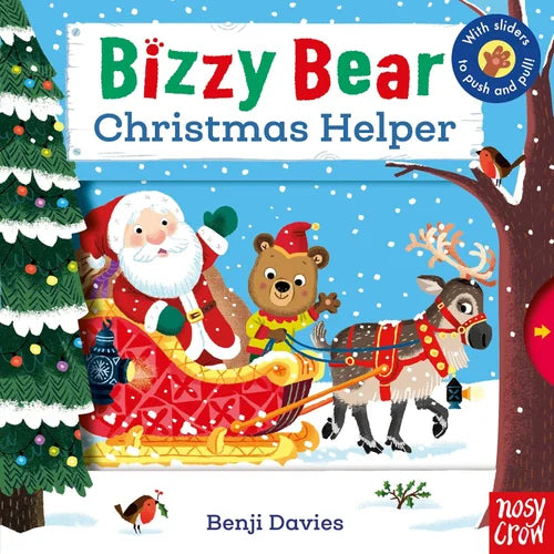 Book cover of 'Bizzy Bear Christmas Helper' featuring Santa Claus, a bear, and a reindeer in a snowy scene.