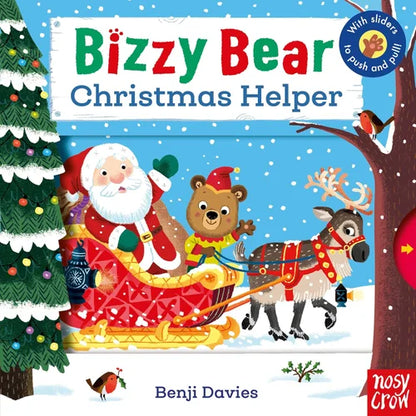 Book cover of 'Bizzy Bear Christmas Helper' featuring Santa Claus, a bear, and a reindeer in a snowy scene.