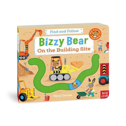 Book cover of 'Bizzy Bear On the Building Site' with colorful illustrations and text.