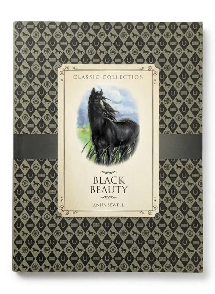 Book cover of 'Black Beauty' by Anna Sewell with horse illustration on patterned background