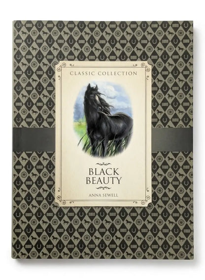 Book cover of 'Black Beauty' by Anna Sewell with horse illustration on patterned background