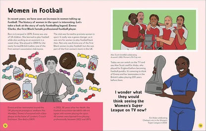 Educational page about women in football with illustrations and text.