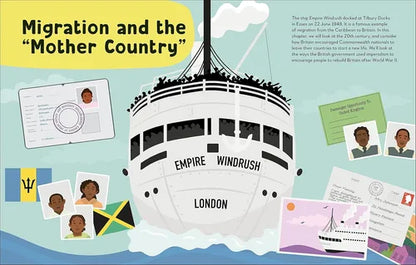 Illustration of the Empire Windrush with educational materials on migration and the 'Mother Country'.
