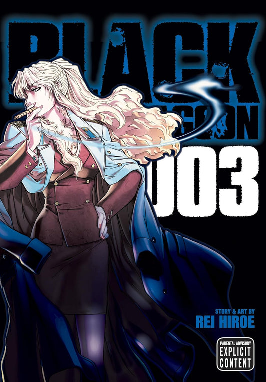 Manga book cover of 'Black Lagoon' with a character in a blue coat and white hair.