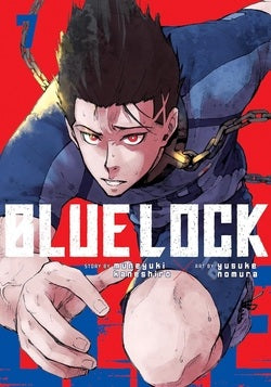 Manga cover of 'Blue Lock' with a character in a dynamic pose against a red background.