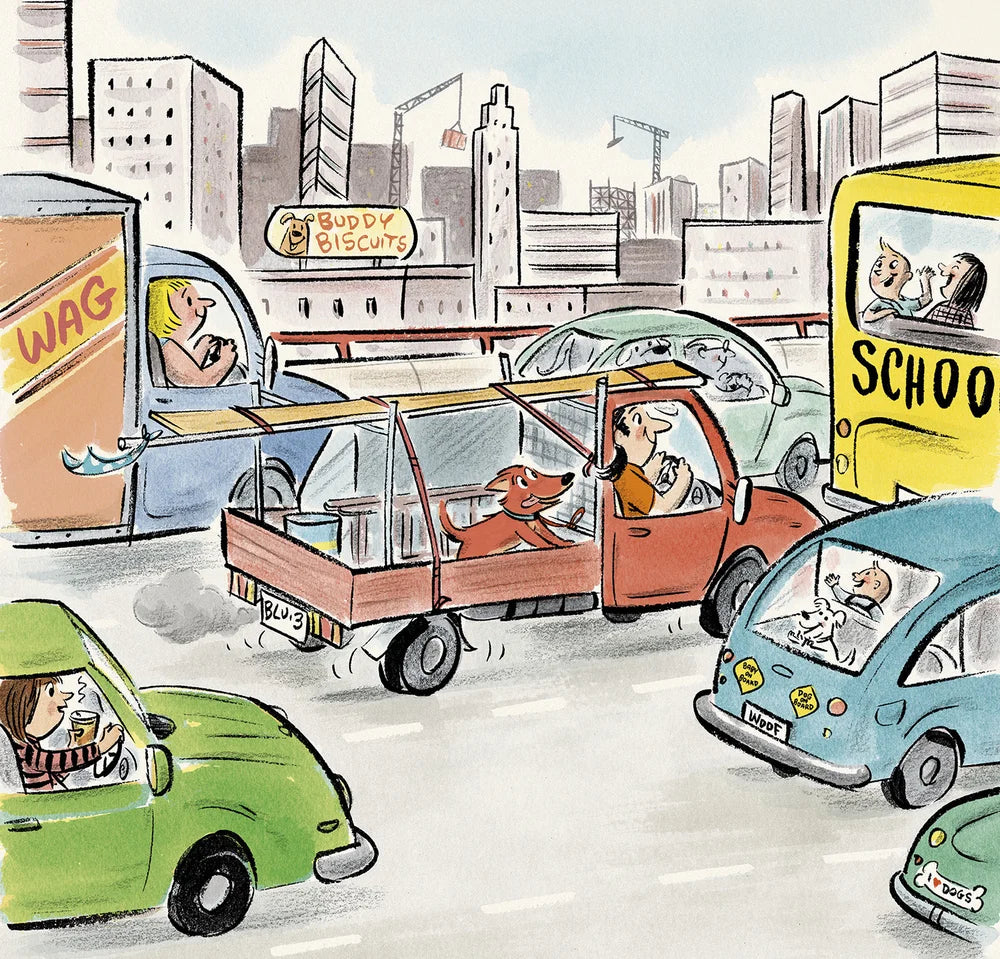 Cartoon-style illustration of a busy city street with various vehicles and people.