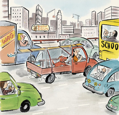 Cartoon-style illustration of a busy city street with various vehicles and people.