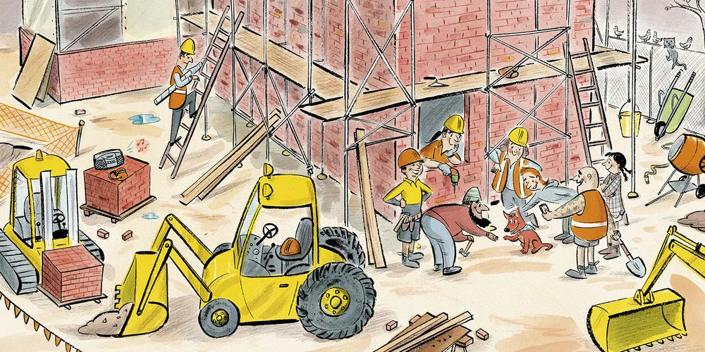 Illustration of a construction site with workers and machinery.
