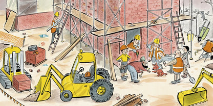 Illustration of a construction site with workers and machinery.