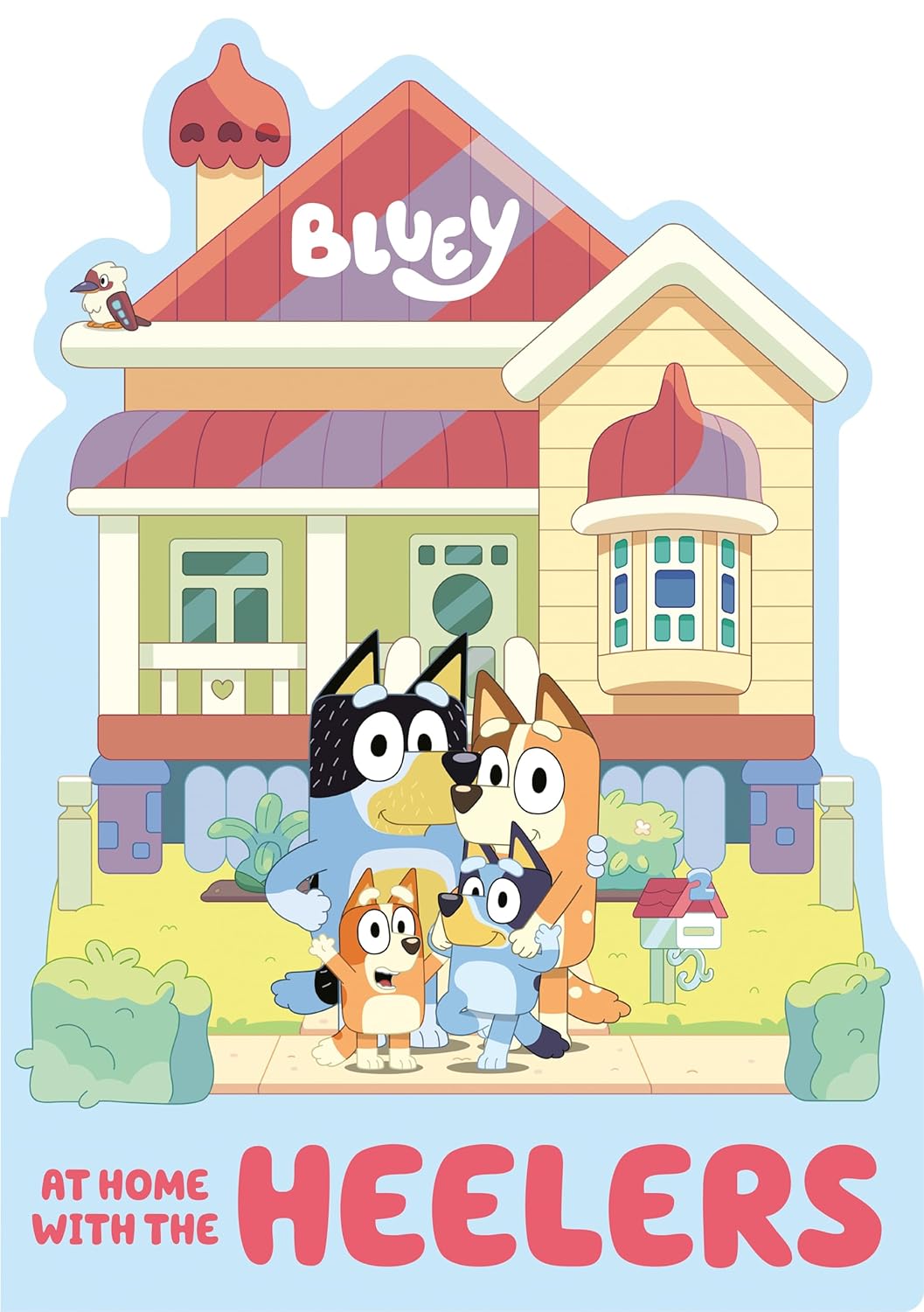 Cover of a board book titled 'Bluey Heelers' featuring an illustration of the animated characters Bluey, Bingo, and their parents in front of a house with the 'Bluey' logo above the door.