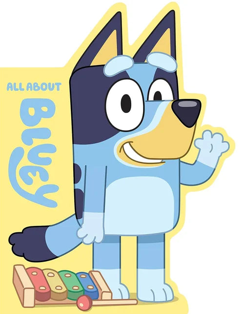 Cartoon character with blue fur and yellow face, holding a xylophone, on a yellow background with text 'All About Bluey'.