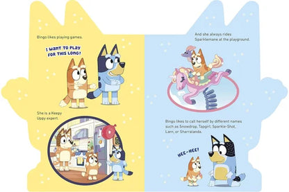 Illustrated book page with cartoon dog characters and text on a yellow and blue background