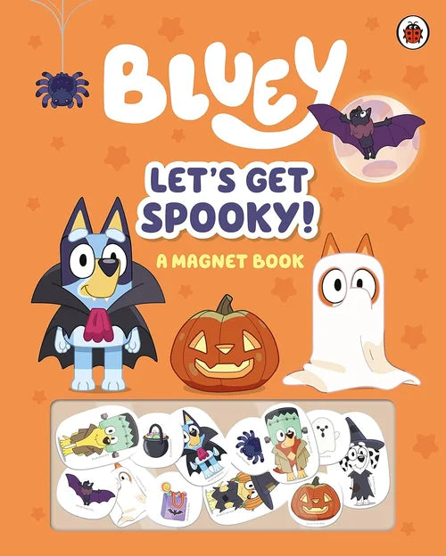 Book cover of 'Bluey: Let's Get Spooky!' with Bluey, a pumpkin, and a ghost on an orange background.